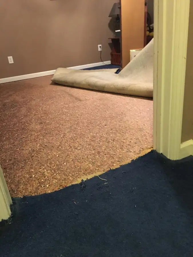 Carpet pad removal revealing water damage during Water Mitigation Services in Old Town